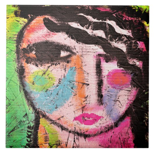 Funky Abstract Portret op OSB Board Tegeltje (Voorkant)