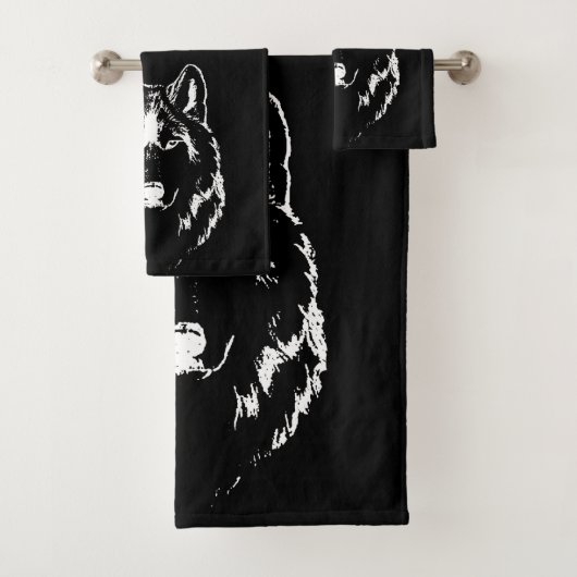 Funky Black and White Wolf Face Head Sketch Bad Handdoek (Insitu)