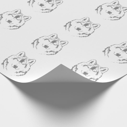 Funky Black and White Wolf Face Head Sketch Cadeaupapier (Hoek)