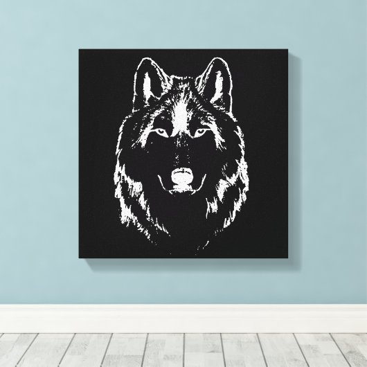 Funky Black and White Wolf Face Head Sketch Canvas Afdruk (Insitu (Houten vloer))