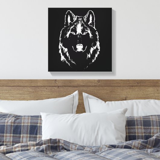 Funky Black and White Wolf Face Head Sketch Canvas Afdruk (Insitu (Slaapkamer))