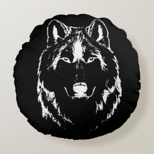 Funky Black and White Wolf Face Head Sketch Rond Kussen
