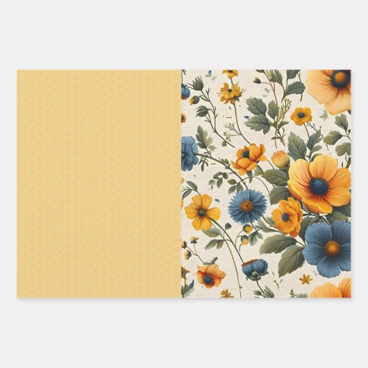 Funky blauw en geel bloemige halve mix inpakpapier vel (Voorkant 2)