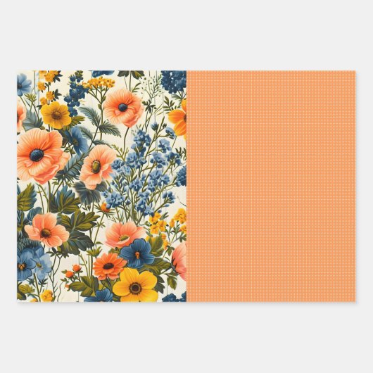 Funky blauw en geel bloemige halve mix inpakpapier vel (Voorkant 3)