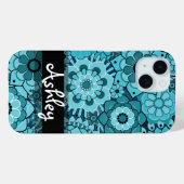 Funky Blue Retro Floral Pattern met naam Case-Mate iPhone Case (Achterkant (horizontaal))