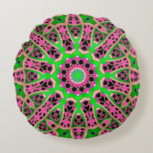 Funky Bohemian Green Pink Mandala Round Pillow Rond Kussen