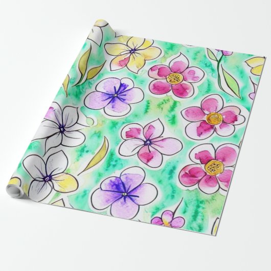 Funky Boho Art Nouveau Floral Waterverf Cadeaupapier (Uitgerold)