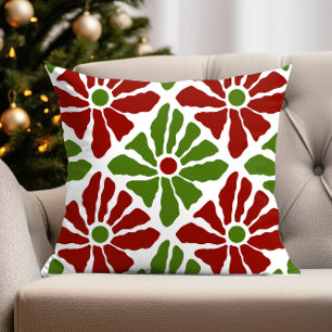 Funky Boho Christmas Poinsettia bloemen rood groen Kussen