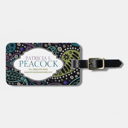 Funky Boho Hippie Peacock Paisley Personalized Bagagelabel (Voorkant horizontaal)