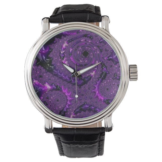 Funky Bold Boho Paarse Digitale Abstracte Fractal Horloge (Voorkant)