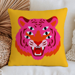 Funky Brullende Tijgerkop in Roze Maximalistische Kussen