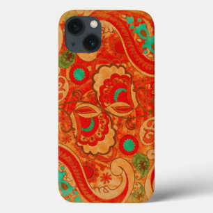 Funky Burnt Oranje Red Turquoise  Paisley iPhone 13 Hoesje