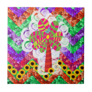 Funky Chevron Mosaic Tree Swirls Sunflower Summer Tegeltje