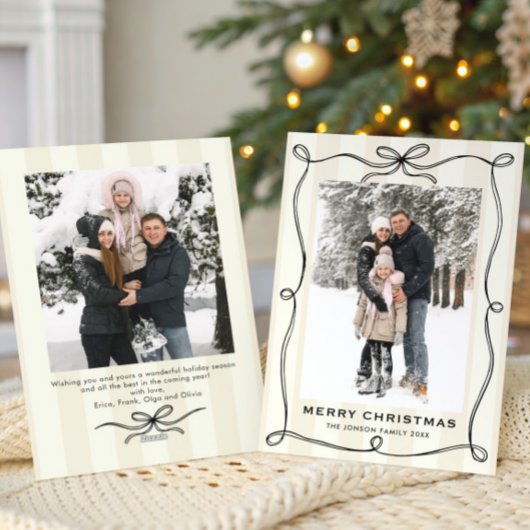 Funky Christmas Boho Black Bow Ribbon 2 Photo Feestdagenkaart