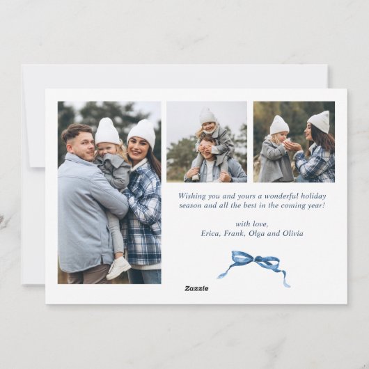Funky Christmas Boho Blue Bow Ribbon 4 Photo Feestdagenkaart (Achterkant)
