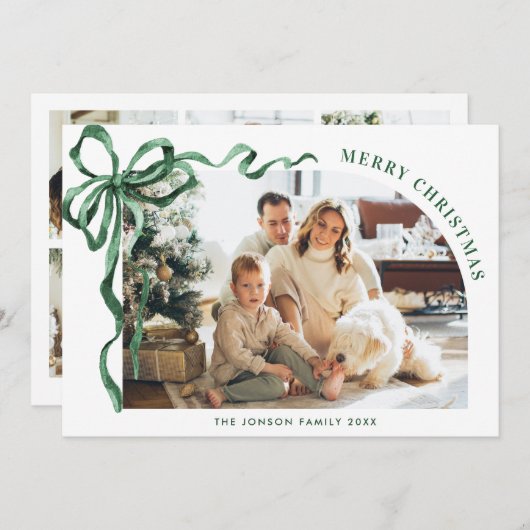 Funky Christmas Boho Green Bow Ribbon 6 Photo Feestdagenkaart (Voorkant / Achterkant)
