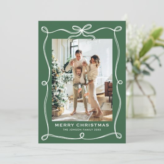 Funky Christmas Sage Green Bow Ribbon 3 Photo Feestdagenkaart (Staand voorkant)