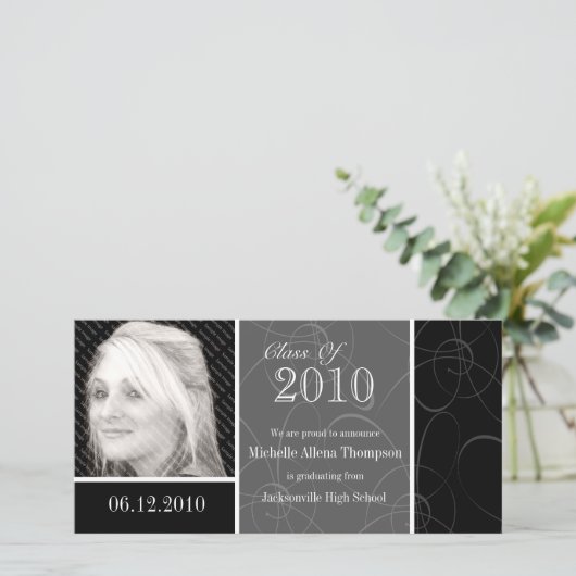 Funky Classic Black Swirls Afstuderen Fotokaart Aankondiging (Staand voorkant)