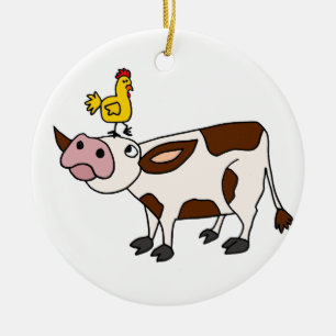 Funky Cow met Chicken op haar hoofd Cartoon Keramisch Ornament