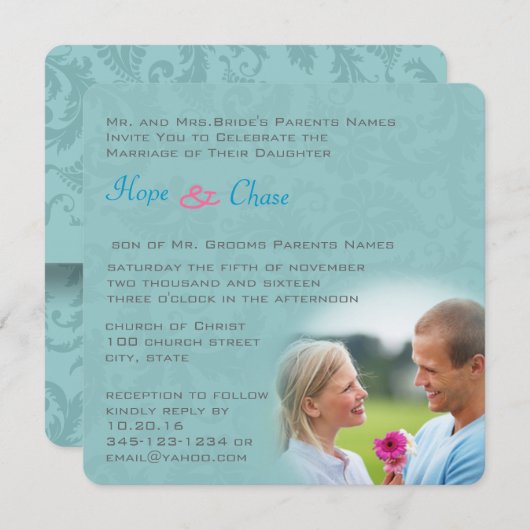 Funky Damask Aqua Blue Pink Wedding Invitation Kaart (Voorkant / Achterkant)