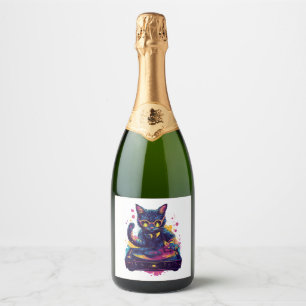 Funky DJ Cat – Retro Disco Kat Party Sparkling Wijnetiket