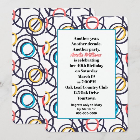 Funky Doodles 40th Birthday Party Kaart (Voorkant / Achterkant)