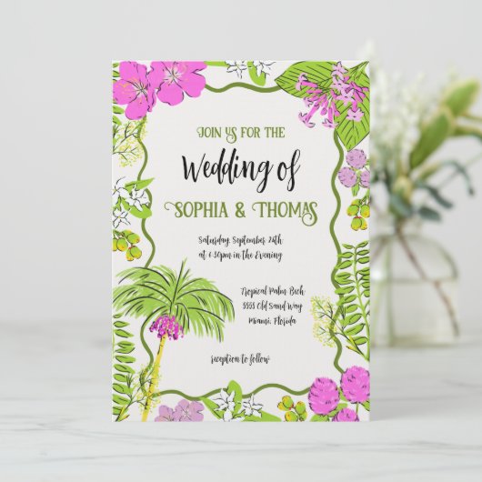 Funky Drawn Tropical Floral Wedding Kaart (Staand voorkant)
