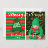 Funky Festive Tree en Elf Stripes Custom Photo Feestdagenkaart (Voorkant)