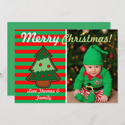 Funky Festive Tree en Elf Stripes Custom Photo Feestdagenkaart (Voorkant / Achterkant)