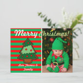 Funky Festive Tree en Elf Stripes Custom Photo Feestdagenkaart (Staand voorkant)