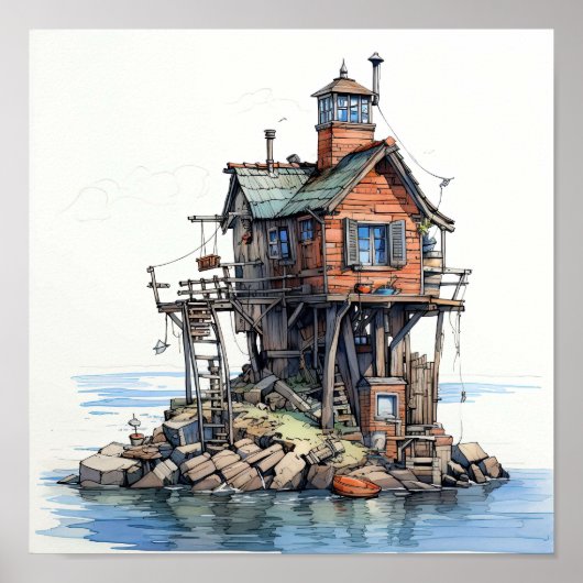 Funky Fisherman's Seaside Shack Art Poster (Voorkant)
