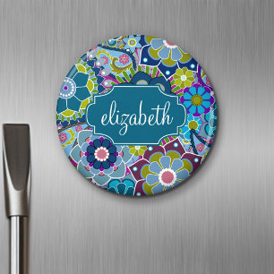 Funky Floral Pattern met aangepaste naam Magneet