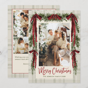 Funky fluwelen kerst boho rode strik 5 foto feestdagenkaart