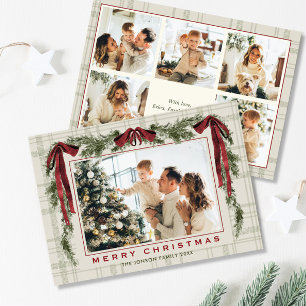 Funky Fluwelen Kerstmis Boho Rode Strik 6 Foto Feestdagenkaart