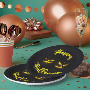 Funky geel Happy Halloween tekst & pompoen gezicht Papieren Bordje