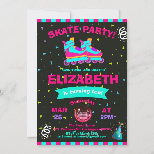 Funky Girl Roller Schaats Chalkboard Birthday Part Kaart (Voorkant)