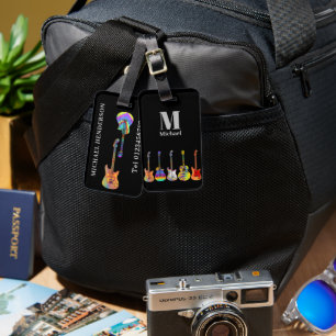 Funky Gitaarpatroon op Zwarte Monogram Bagagelabel