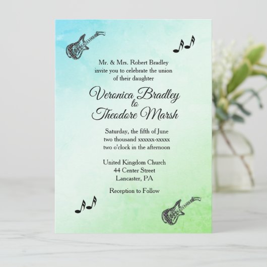 Funky Green Guitar Faire-part de mariage à thème (Debout devant)
