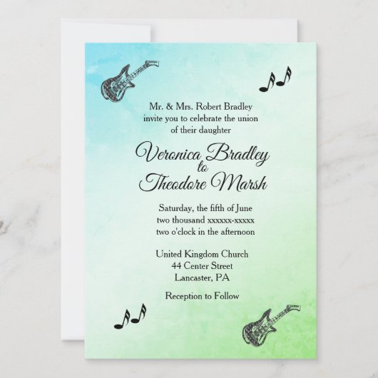Funky Green Guitar Faire-part de mariage à thème (Devant)