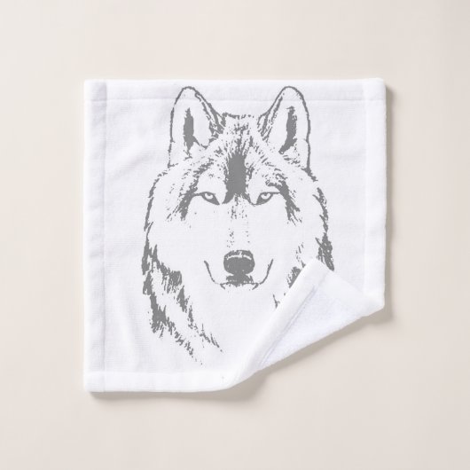 Funky Grey and White Wolf Face Head Sketch Bad Handdoek (Wasdoekje)