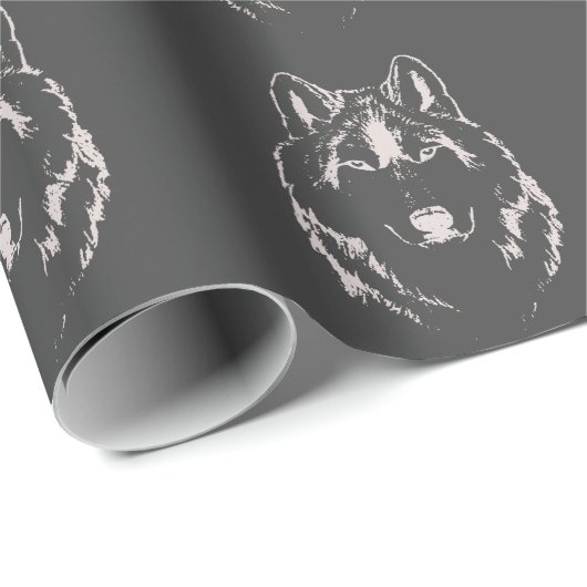 Funky Grey and White Wolf Face Head Sketch Cadeaupapier (Rol Hoek)