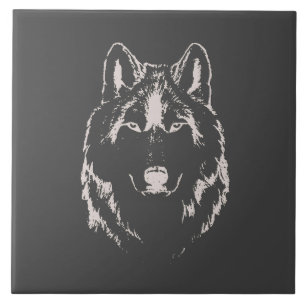 Funky Grey and White Wolf Face Head Sketch Tegeltje