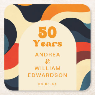 Funky Groovy Retro 50e huwelijksjubileum Vierkante Kartonnen Onderzetter