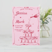 Funky Hand getrokken Champagne Bruiloft Save The D Kaart (Staand voorkant)