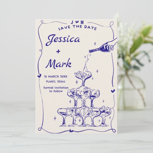 Funky Hand getrokken Champagne Bruiloft Save The D Kaart (Staand voorkant)