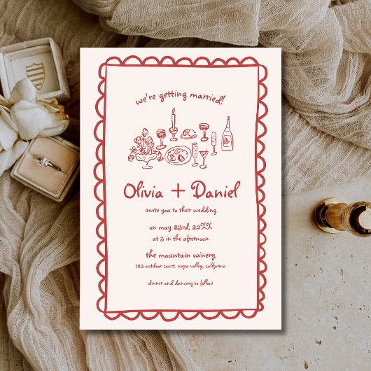 Funky Hand Getrokken Rode Handschrift bruiloft Kaart