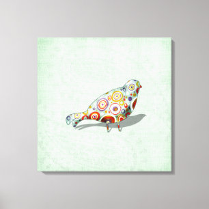 Funky Little Whimsical Doodle Bird Paisley Green Canvas Afdruk
