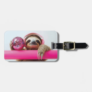 Funky Luiaard met Roze Hoofdtelefoon en Disco Ball Bagagelabel