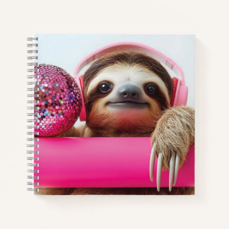 Funky Luiaard met Roze Hoofdtelefoon en Disco Ball Notitieboek