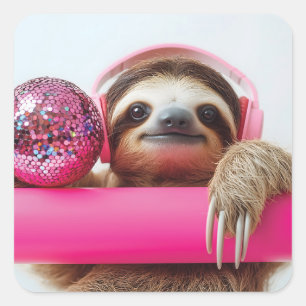 Funky Luiaard met Roze Hoofdtelefoon en Disco Ball Vierkante Sticker